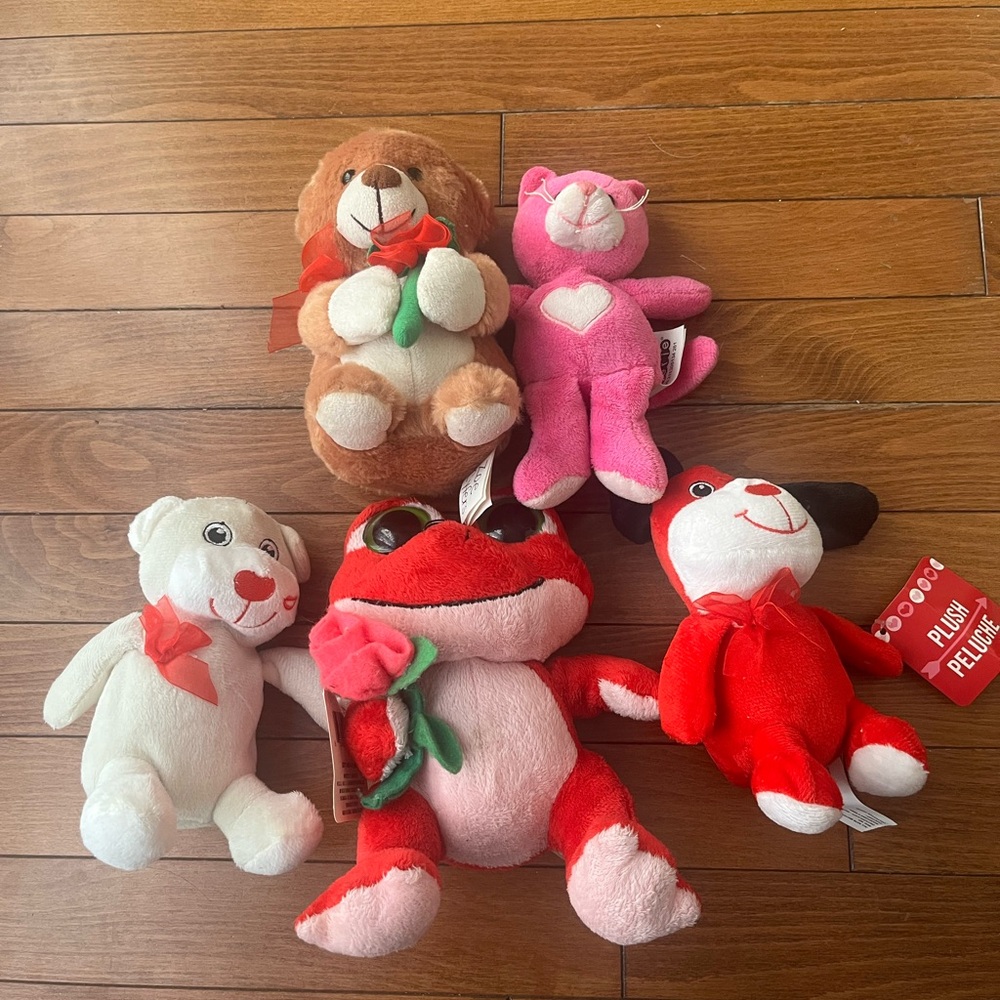 Y2K Valentine’s Day Plush Animal Toy Set - Red, Pink, White, Brown